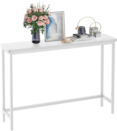 VASMIA Konsolentisch Schmal, 100 cm Bambus Beistelltisch, Flurtisch, Kleiner Ausstellungstisch, Sofatisch für kleinen Raum, für Eingang, Flur, Foyer, Wohnzimmer, weiß