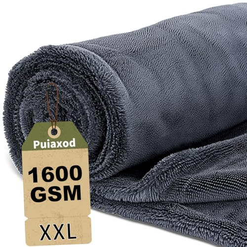 puiaxod 90x60cm Auto Trockentuch XXL, 1600gsm Mikrofasertücher Auto(Grau) | Microfasertuch Autopflege, Mikrofaser Handtuch Trockentücher für Autopflege und Motorrad, Fusselfreies, Kratzerfrei