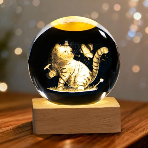 3D Kristallkugel Nachtlicht- Katzen Kristallkugel Nachtlicht Katze Schmetterling LED Ball Lampe mit Holzsockel USB 3D Cat Crystal Ball Geschenke Weihnachten, Erntedankfest, Valentinstag Wohnkultur