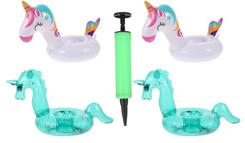 GARVALON Portavasos Flotantes para Fiestas 5 Piezas PVC Inflable con Forma de Animal Incluye 2 Unicornios con Purpurina 2 Caballos Arcoíris y 1 Inflador Adecuado para Reutilizable