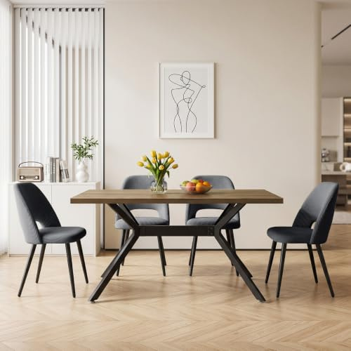 ANVOFONG Essgruppen in Walnussholzoptik,Esstisch mit 4 Schwarz-Stuhl | Esstisch in 140 x 80 x 76 cm mit 4 Ergonomischer Design aus Cord Esszimmerstühle, für Esszimmer, Küche, Wohnzimmer