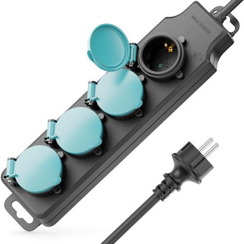 deleyCON Multiprise Extérieure 4 Prises IP44 avec 3,0m Câble - Bloc Multiprise pour Usage Extérieur 4X Connexions avec Couvercle - Idéal pour Jardin Terrasse Balcon Cave Garage