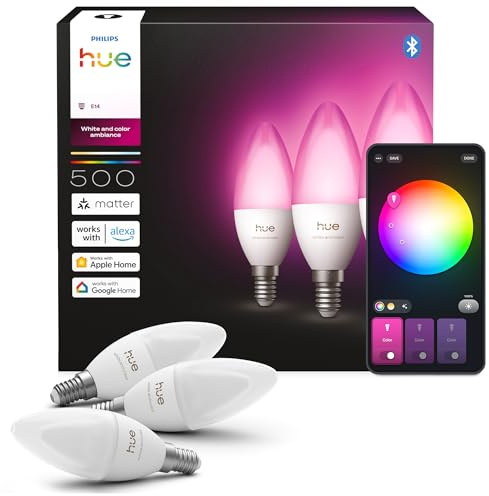 Philips Hue Smart LED-Lampe, B39, E14, 3er Pack, White and Color Ambiance, Vollspektrumlicht 1.000 K–20.000 K, 500 lm, Extrem Niedrig Dimmbar, Chromasync, Alexa, Google Home, Apple Home