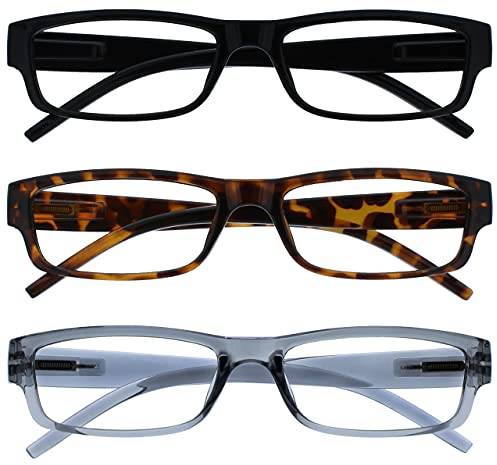 OPULIZE ACE Lesebrille für Damen und Herren - 3er-Pack - Schmaler Rechteckiger Rahmen - Komfort Federscharniere - Kratzfest - Schwarz Braun Schildpatt Grau +3.00