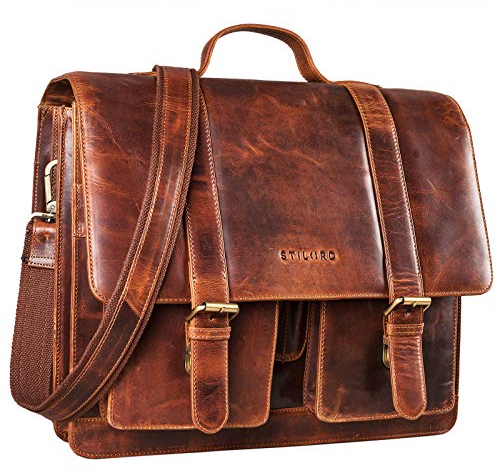 STILORD große Leder Aktentasche cognac - Vintage Lehrer-Tasche - Businesstasche aus Rindsleder - Schultasche - Klassische Laptoptasche 'Marius'