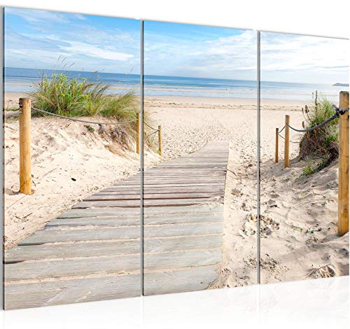 Runa Art Wandbilder Strand Meer Bild XXL Schlafzimmer Wohnzimmer Beige Blau Panorama 120 x 80 cm 3 Teilig 607331b