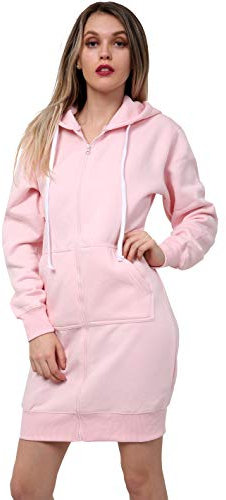 GW CLASSY OUTFIT Women Ladies Long Hoodies Plain Zip Up Ladies Long Sleeves Fleece Longline Hoodie Casual Jacket Hooded Coat with Pockets (XXXL 24-26, Baby Pink Long)