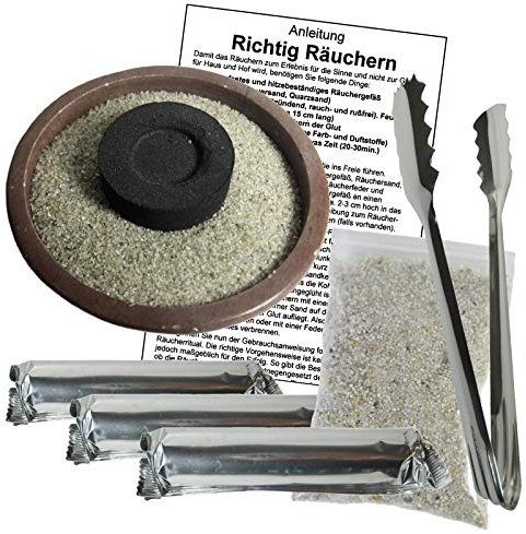 Räucherschale Naturstein 7-TLG Räucherset zum Räuchern mit Zubehör. 8cm Schale + 30 x Räucherkohle + Räucherzange + Räuchersand + Anleitung mit Lexikon der Räucherstoffe. 81591-B