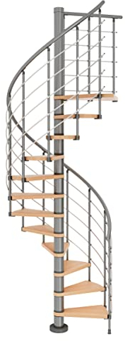 DOLLE Spindeltreppe Oslo │ Nebentreppe │Buche lackiert │ 13 Stufen / 14 Steigungen │ Geschosshöhe 294-322 cm │ Durchmesser 140 cm │ Unterkonstruktion Grau pulverbeschichtet │ Metallkonstruktion