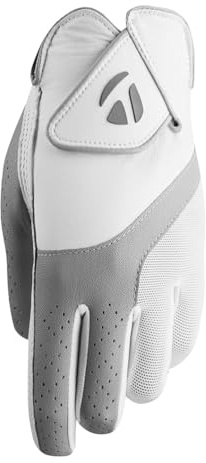 TaylorMade 2019 Kalea Damen Golfhandschuh, weiß/grau, auf der linken Hand getragen, Größe S