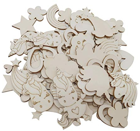 Amosfun Einhorn Holzscheiben Holz Konfetti für Kinder Basteln DIY Handwerk Scrapbooking Verzierung Babyparty Tischdeko 30 Stück (Zufällige Muster)