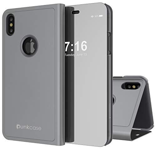 Punkcase Reflektor-Schutzhülle Handy mit kratzfestem, durchsichtigem Spiegel, Rückseite aus rutschfestem PU-Leder mit integriertem Standfuß kompatibel mit Apple iPhone X & iPhone XS, Silber
