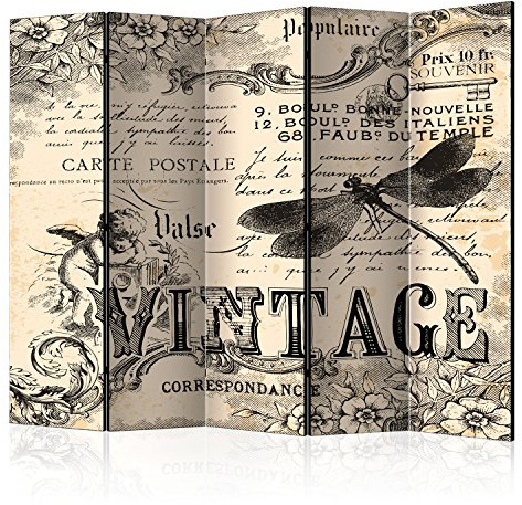 decomonkey Paravent décoratif intérieur Vintage Vert Beige 225x172 cm | Cloison de séparation, Paravent en Bois, seul côté, Anges Fleurs Inscriptions Ornements en français rétro Animaux