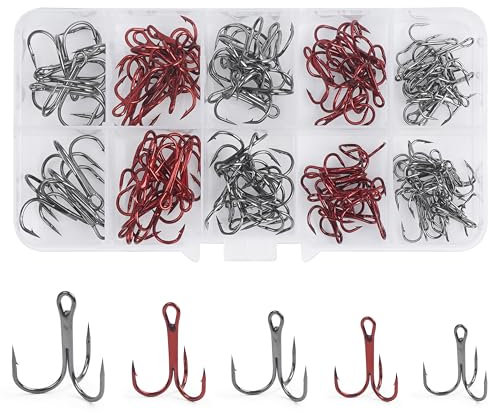 Red Treble Fishing Hooks Kit - 100pcs/box Sharp Round Bend Classic Triple Fishing Hooks High Carbon Steel Barbed Treble Hooks for Fishing Lure Baits Saltwater Freshwater Size 4 6 8 10