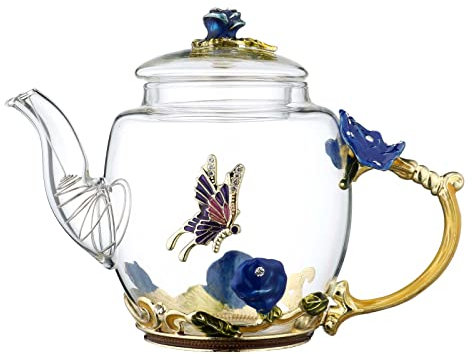 XUDREZ Teabloom Teekanne aus Glas, blühende Teekanne für Frauen, blaue Rose, Blumenmuster, Teekanne mit Gold, für Mutter, Freunde, Weihnachten, Geburtstag, Jahrestag, 6,2 x 12 cm, 300 ml, Blau