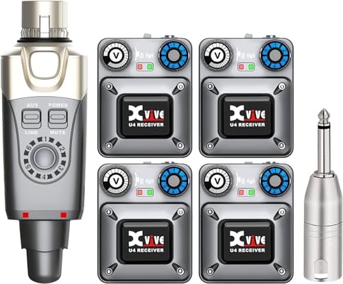 Xvive U4R4 Wireless in-Ear Monitor System 1 trasmettitore e 4 ricevitore Beltpack IEM personale per lo studio, prove di gruppo, performance dal vivo, registrazione con telecamera