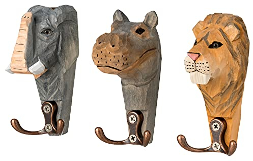 your castle Wandhaken Safari Family Tierköpfe - 2-fach Garderobenhaken aus Holz 3er-Set Hippo, Löwe, Elefant, 12 x 7 cm