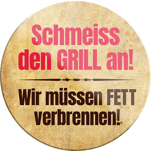 schilderkreis24 – Lustiger Spruch “Schmeiss den Grill an! Fett verbrennen“ Magnet Deko Kühlschrankmagnet BBQ Grill Geschenkidee für Garten Terrasse Balkon Küche 8x8 cm