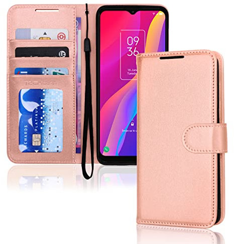 TECHGEAR Leather Wallet Case for TCL 306 / TCL 305 / TCL 30 SE, Flip Protective Case Cover, Wallet Card Holder, Stand & Wrist Strap, Rose Gold PU Leather with Magnetic Clasp For TCL 306/305 / 30 SE