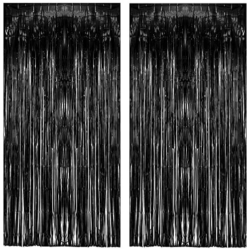 Black Tinsel Foil Fringe Curtain - GREATRIL Party Backdrop Streamers for Birthday/Wizard/Stranger Theme/Halloween/Graduation 2025/Doorway/Christmas Party Decorations 2 Pack