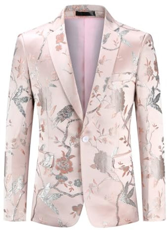 YOUTHUP Blazer Homme Brodé Formel Mode Slim Fit Veste de Costume Floral Bal Mariage Smoking Soirée, Rose-607, L