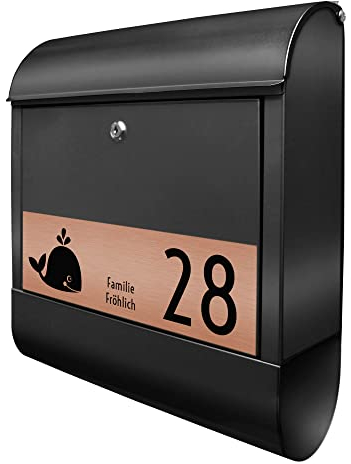 banjado® Briefkasten personalisiert mit graviertem Namensschild in Kupfer/Briefkasten schwarz 39x47x14cm / Briefkasten mit Hausnummer, Namen & Motiv Ahoy/Briefkasten mit Zeitungsfach