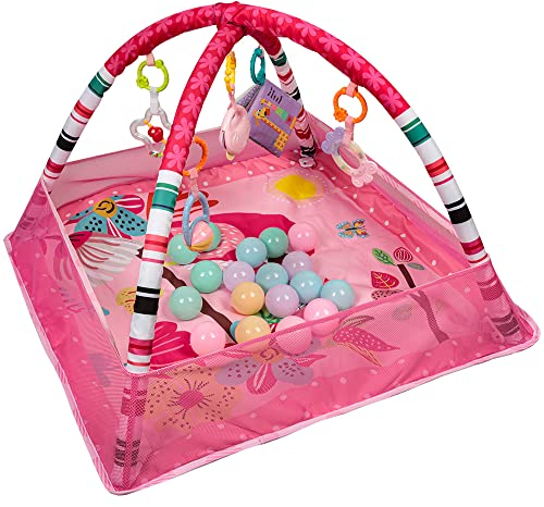 XUANYU Tapis d'éveil Bébé avec Piscine à Balles, Tapis Eveil Evolutif, pour Garçons et Filles, Arches de Jeu et Jouets (Rose C)