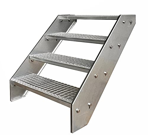 Kaminbau Mierzwa Premium Stahl Treppe Verzinkt 4 Stufen (Breite 600 mm) (Höhe 76 cm) Wetterfest Gitterroststufe Gartentreppe