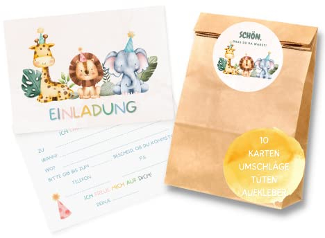 Essi's Stoff Boutique 10er-Set Zootier Einladungskarten und Mitgebseltüten - Safari Kindergeburtstag Set mit Goodie Bag