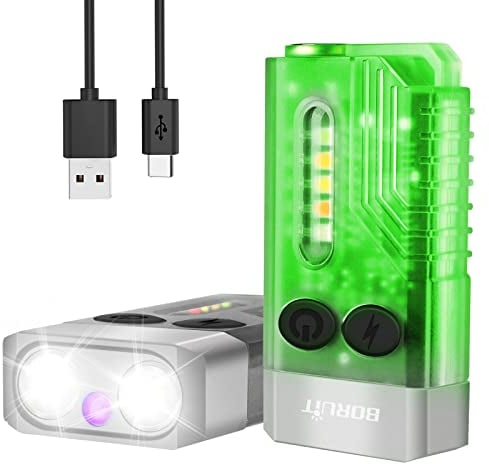 BORUIT V10 Mini Lampe de Poche LED, 1000 Lumen Porte - clés Lampe de Poche avec 80dB Alarme Buzzer, Lampe UV 365nm, Queue Magnétique, Imperméable IPX4 (Fluorescence)