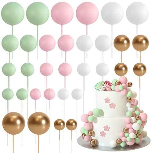 ASTARON 32 Pcs Ball Cake Topper Decorations Mini Balloons Cake Topper Sticks Foam Balls Cake Picks Cake Topper Balls Cake Decorations for Wedding Party Birthday Cake Decorating (Pink Green)