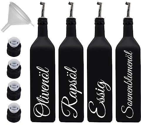 Generisch Ölflasche 1 Liter mit Edelstahl-Ausgießer - schwarz-matt - 4er Set - Glas - Haushalt - inkl. Trichter - Küche - hochwertig - Made in Germany (Ausgießer)