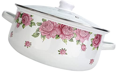 1 marmite en émail avec couvercle vintage floral en émail sur acier émaillé - Casserole à soupe antiadhésive - Pour la maison, la cuisine, le restaurant - Rose - 1,5 l