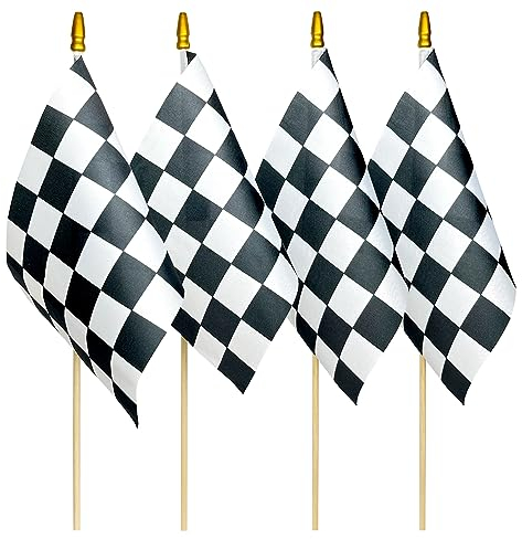 12 Pack 8×12 Inch Black and White Checkered Racing Flags Small Race Car Flags on Stick, Mini Handheld Stick Flag with Kid-Safe Spear Top,Outdoor Garden Flag,Party Decorations