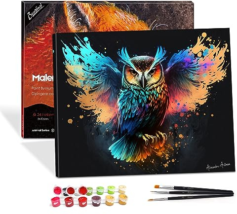 Bougimal Malen Nach Zahlen, DIY Handgemalt Ölgemälde, 3 Pinseln und Vorgedruckt Leinwand-Ölgemälde, Festival Geschenk Home Deko-40x50cm, Eule-1(mit Rahmen)