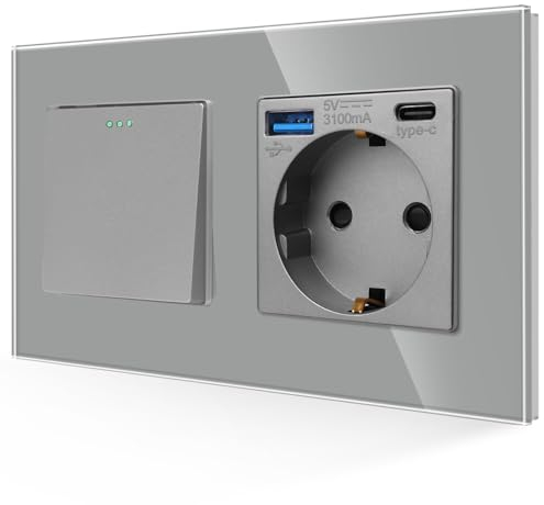 JIMEIDA Interruptor de luz con enchufe USB gris, puerto USB A y tipo C máx. 3,1 A, 1 vía con placa de cristal, interruptor basculante de pared, 10 A, 250 V