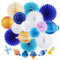 SUNBEAUTY Weltraum Pompons Deko 16 Stück Weiß Blau Seidenpapier Pompons Papier Fächer Hängend Weltraum Girlande für Geburtstagsdeko Jungen Weltraum Kindergeburtstag Dekoration