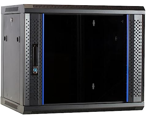 DSIT 19 Zoll Set: 9HE Netzwerkschrank zur Wandmontage – Fachboden – Steckdosenleiste SPD 8-Fach – Bürstenleiste – Cat6 UTP-Patchpanel