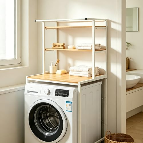 Étagère de Rangement à 3 Niveaux au-Dessus Machine à Laver, Meuble de Rangement pour Machine à Laver, Multifonction Armoire De Rangement De Salle pour Buanderies, Balcons (Blanc et Bois)