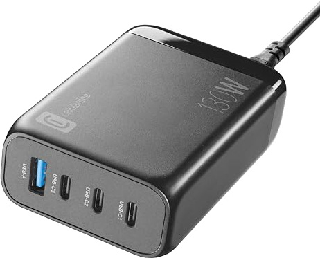 Cellularline - MULTIPOWER Desk GAN 130W Ultrakompaktes GaN-Netzladegerät mit 4 Anschlüssen - 3 USB-C, 1 USB-A Anschluss - Ausgestattet mit Gan-Technologie - Ideal für Smartphones, Tablets und Laptops