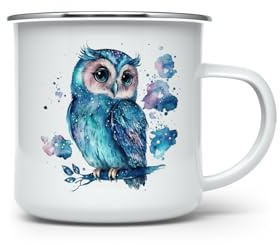 MAXIKIWI - Durable Enamel Coffee or Tea Camping Mug for Indoor Outdoor Use - Cute Blue Owl Watercolor - 350ml