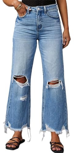 cffvdiz Women's Ripped Bell Bottom Jeans High-Rise Distressed Raw Edge Hem Boyfriend Wide Leg Denim Pants,Blue,XL