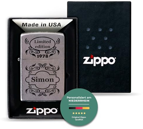 Original Zippo Benzinfeuerzeug für Ihn - Personalisiertes Feuerzeug für Männer inkl. Geschenk-Box - Oldtimer, Used Look | Herren Geschenke mit Gravur zu Weihnachten, Geburtstag & Vatertag