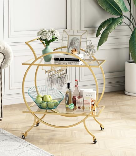 LORMITER Goldener runder Barwagen, Servierwagen mit 2 Ablagen, Weinglashalter und Rollbarwagen für Zuhause, Küche, Wohnzimmer