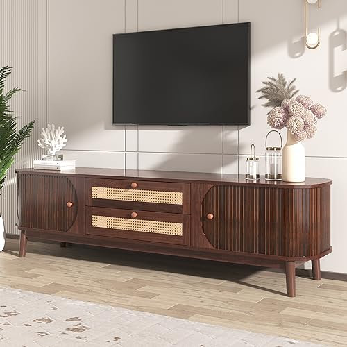 Oyemige Mobile TV in Legno Misto Naturale Con Ante e Cassetti, Sospeso Con Bordo in Rattan, Stile Rustico Per Soggiorno e Camera da Letto (Natural)