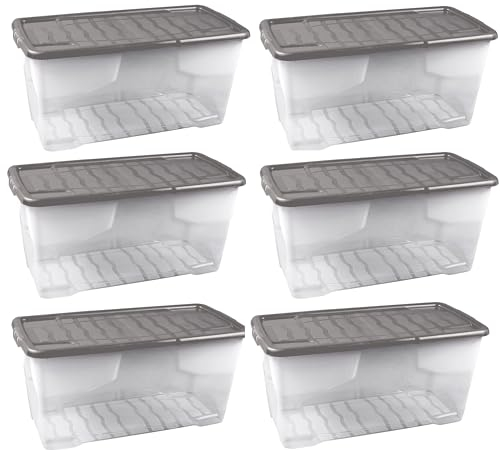 Strata 6 x 80 Litres Curve Plastic Stackable Storage Box & Lid with clip-on lids, 6 Pack, Multi storage box for home and office storage solution Clear Box, Grey Lid, (37cm H x 40cm W x 80cm D)