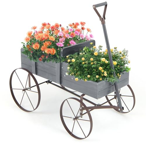 RELAX4LIFE Blumenständer mit 4 Rädern aus Metall, Pflanzwagen aus Massivholz, Holzwagen bis zu 15 kg belastbar, Blumenkasten für Garten & Balkon & Terrasse, Blumenwagen Bollerwagen Deko (Grau)