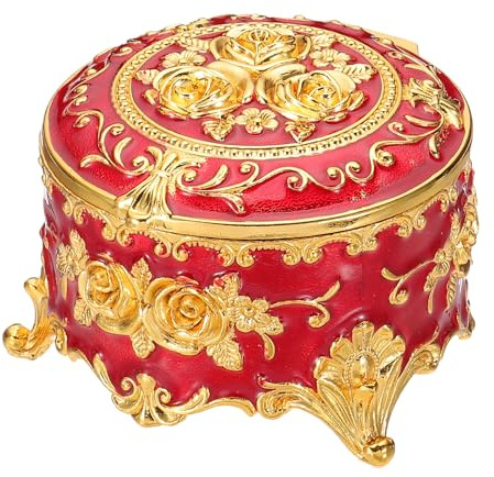 PATIKIL Antike Metall-Schmuckschatulle Schmuck-Aufbewahrungsbox Rot | runde Schmuck-Organizer-Box, Für Ringe Ohrringe Halskette, Frisiertisch, Hochzeits-Geburtstags-Geschenk Wohnkultur
