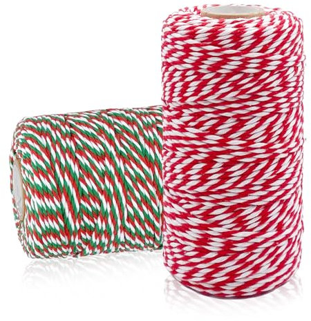 ZOSIGN 2 Pièces Ficelle Coton Noël, 2mm 100M Corde Vert et Rouge et Blanc en Coton, Ficelle de Coton pour Emballage Cadeau de Noël, Pâtisserie, Cuisine, Bricolages et Décoration