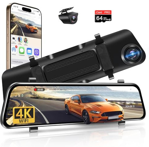 WiFi 4K Rückfahrkamera Spiegel 12 Zoll Spiegel Dashcam Auto Kamera mit 64GB Karte, Digitaler Rückspiegel Kamera mit WDR Nachtsicht Einparkhilfe Schleifenaufzeichnung G-Sensor